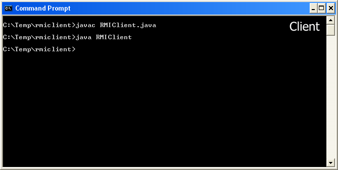 Screen Grab of the RMI Cient Application, Compilation and Execution.