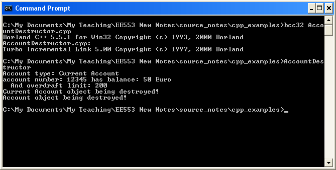 The output from the Account Destructor Example.