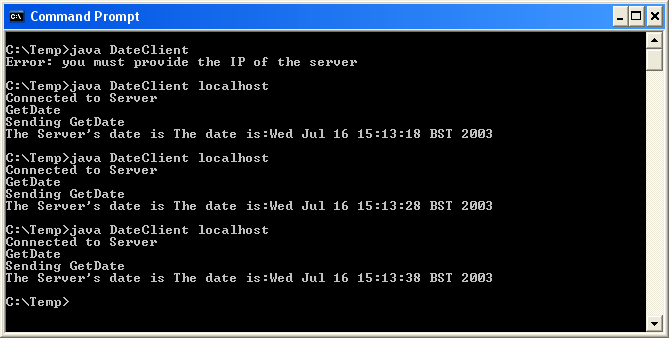 The Date Client specifing a server at "localhost"