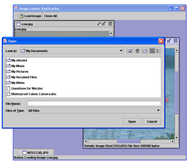 The Image Loader Application (with File Chooser open)