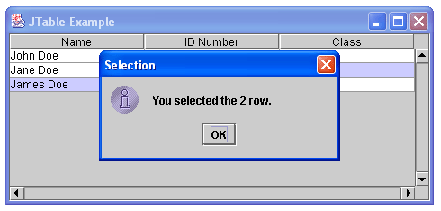 The JTable Example Application with ListSelection events.