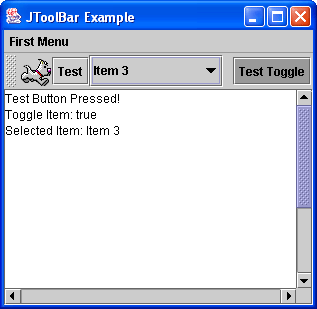 The JToolBar Example Application. Toolbar (a) at top (b) at bottom.