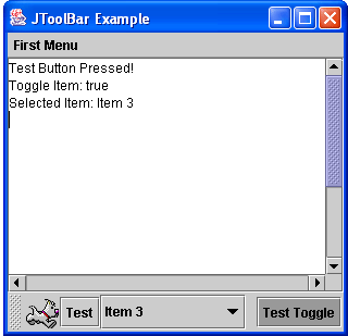 The JToolBar Example Application. Toolbar (a) at top (b) at bottom.