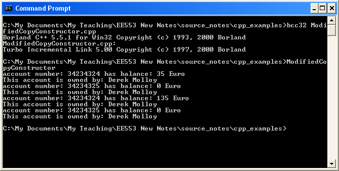 The Output from the Modified Copy Constructor Example.