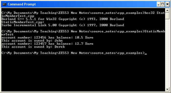 The Account class with static state example output.