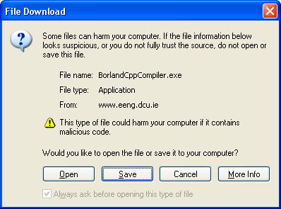 Borland Compiler Download Dialog Warning